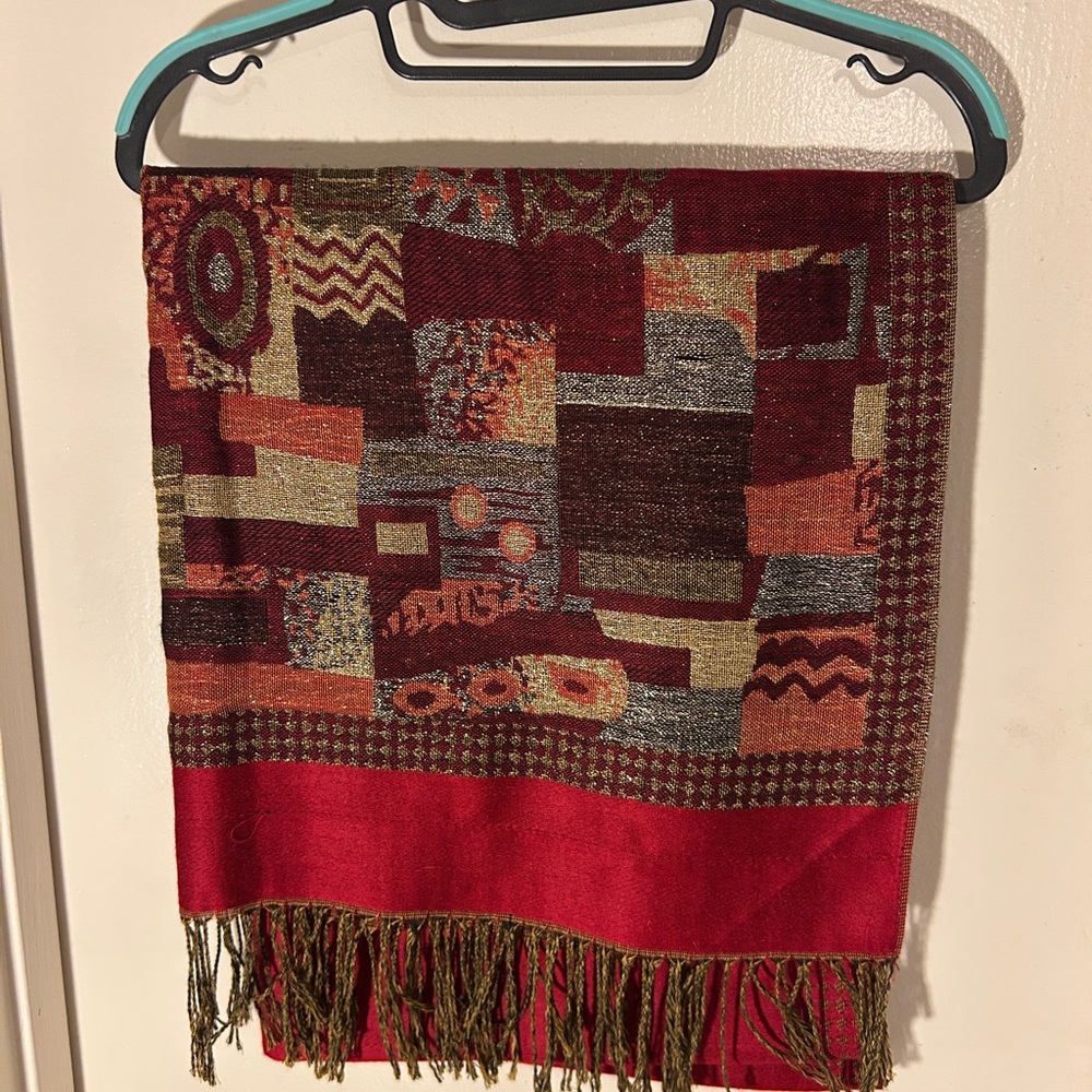 Patchwork Patterned Scarf with Fringe - image 1